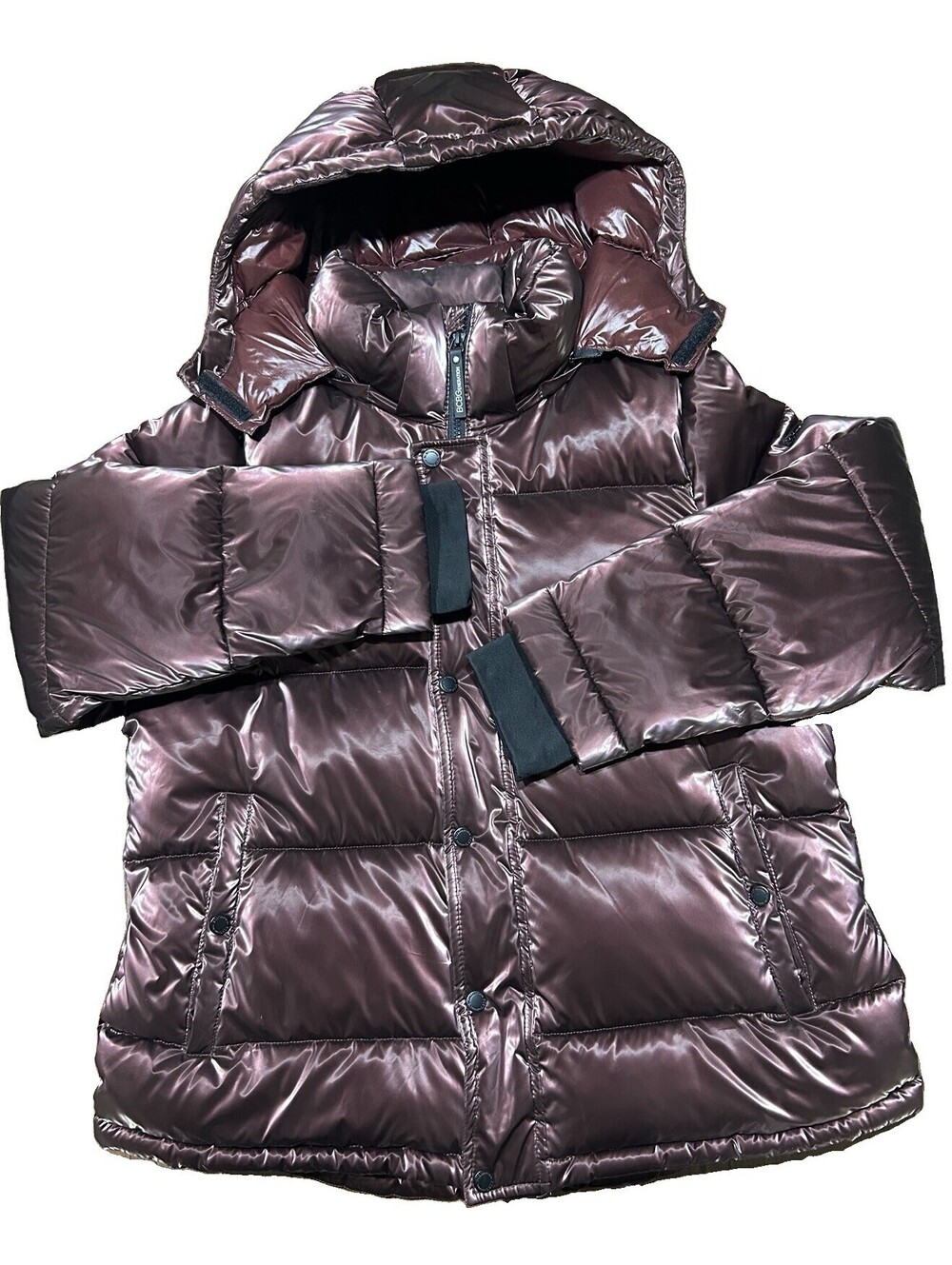 BCBGGeneration Womens L Puffer Coat Liquid Raisin Hooded Thumbhole Cuffs